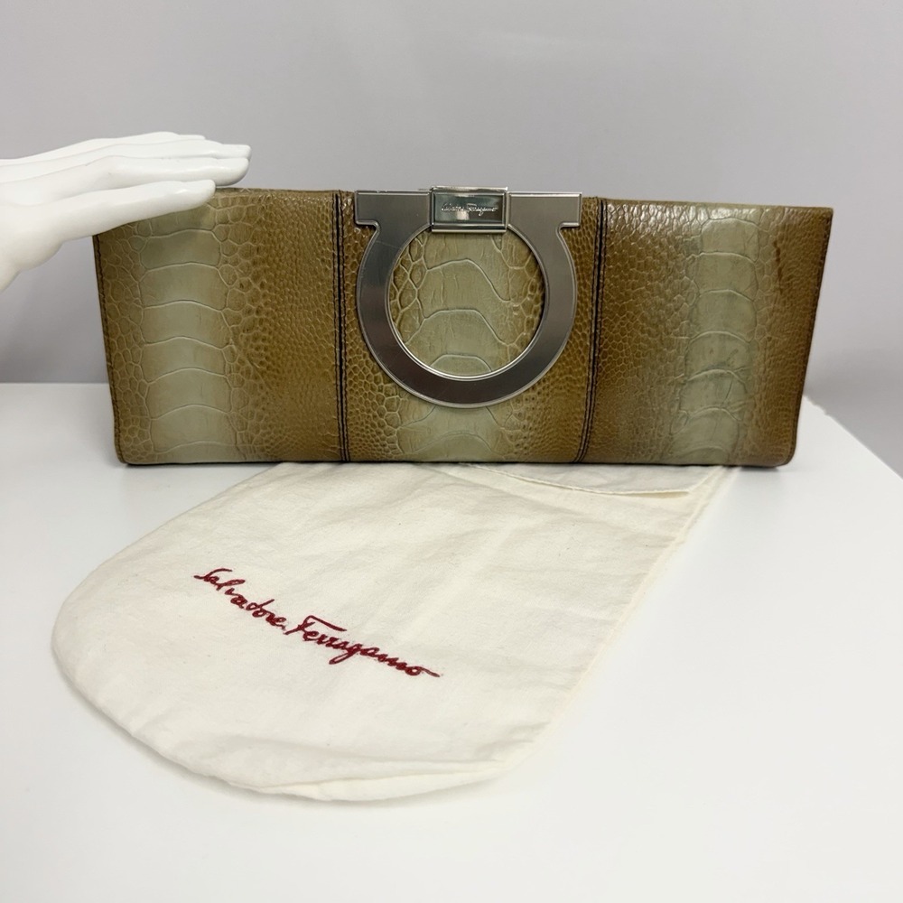 Salvatore Ferragamo Leather Croc Embossed Clutch Bag Purse Large Gancini Lock